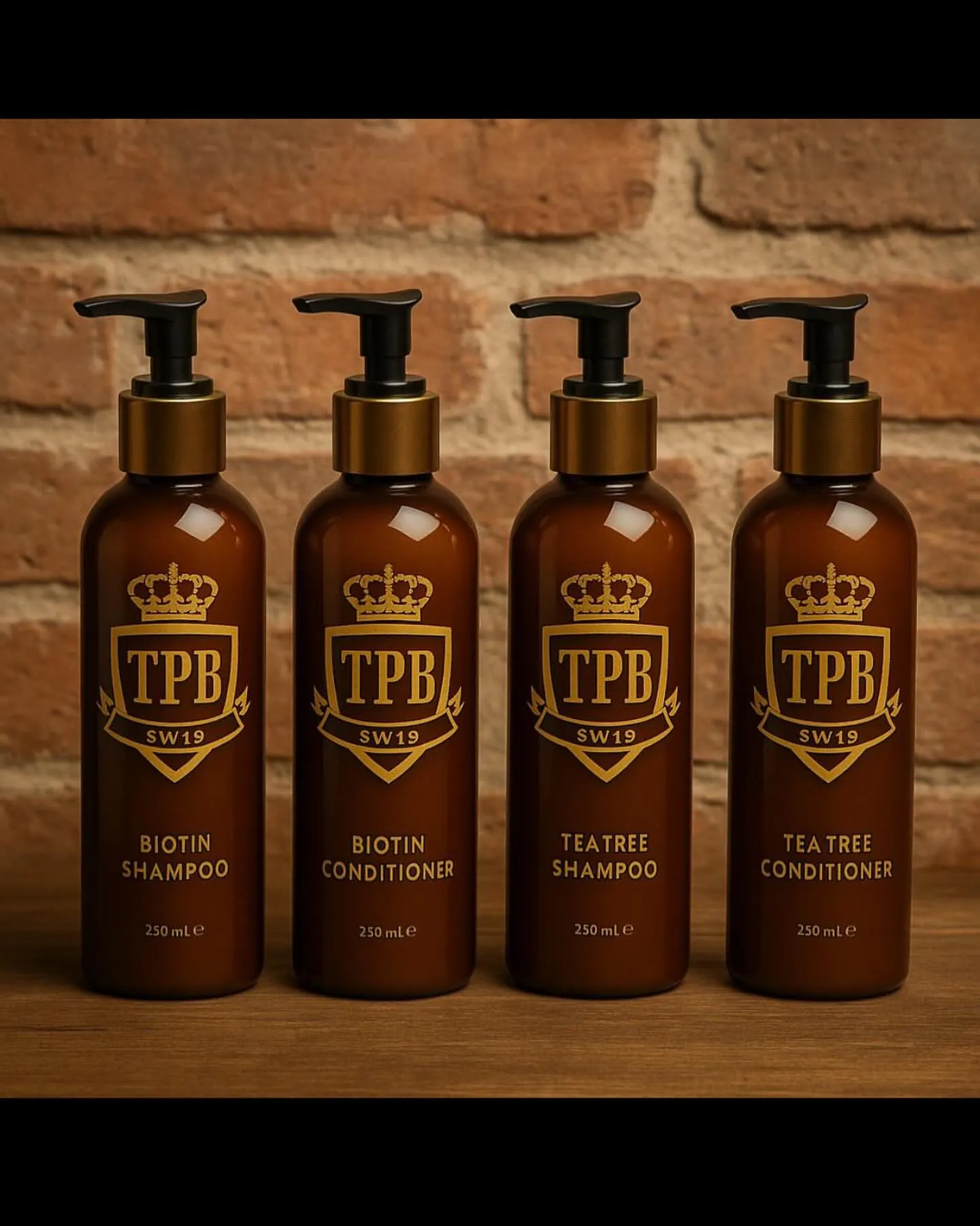 Four amber bottles of The Pavement’s own TPB grooming products on a brick shelf
